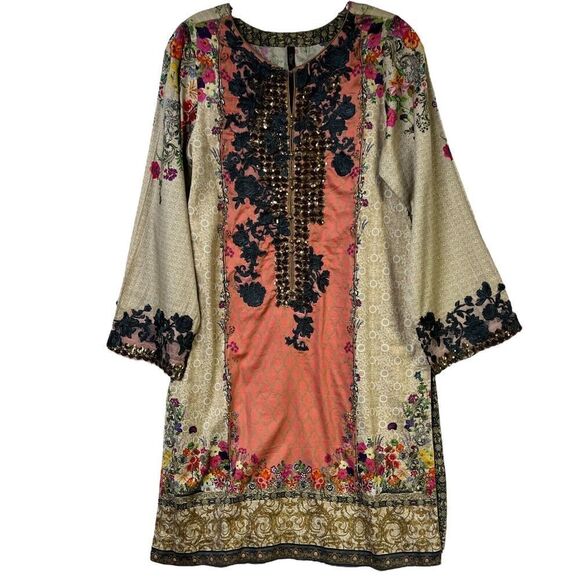 Ethnic By Outfitters Kurta Floral Print Gold Sequins Cotton Coral Tan Green SZ S - Picture 1 of 11